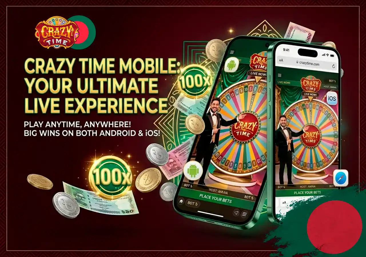 Playing Crazy Time game on Android APK app and iOS mobile browser in Bangladesh